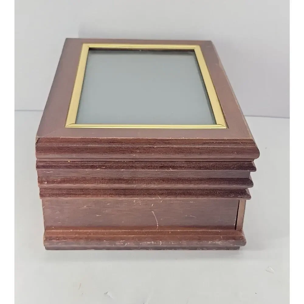 Wooden Jewelry Box with Photo Frame Lid Mirror Drawer Ring Organizer Brown